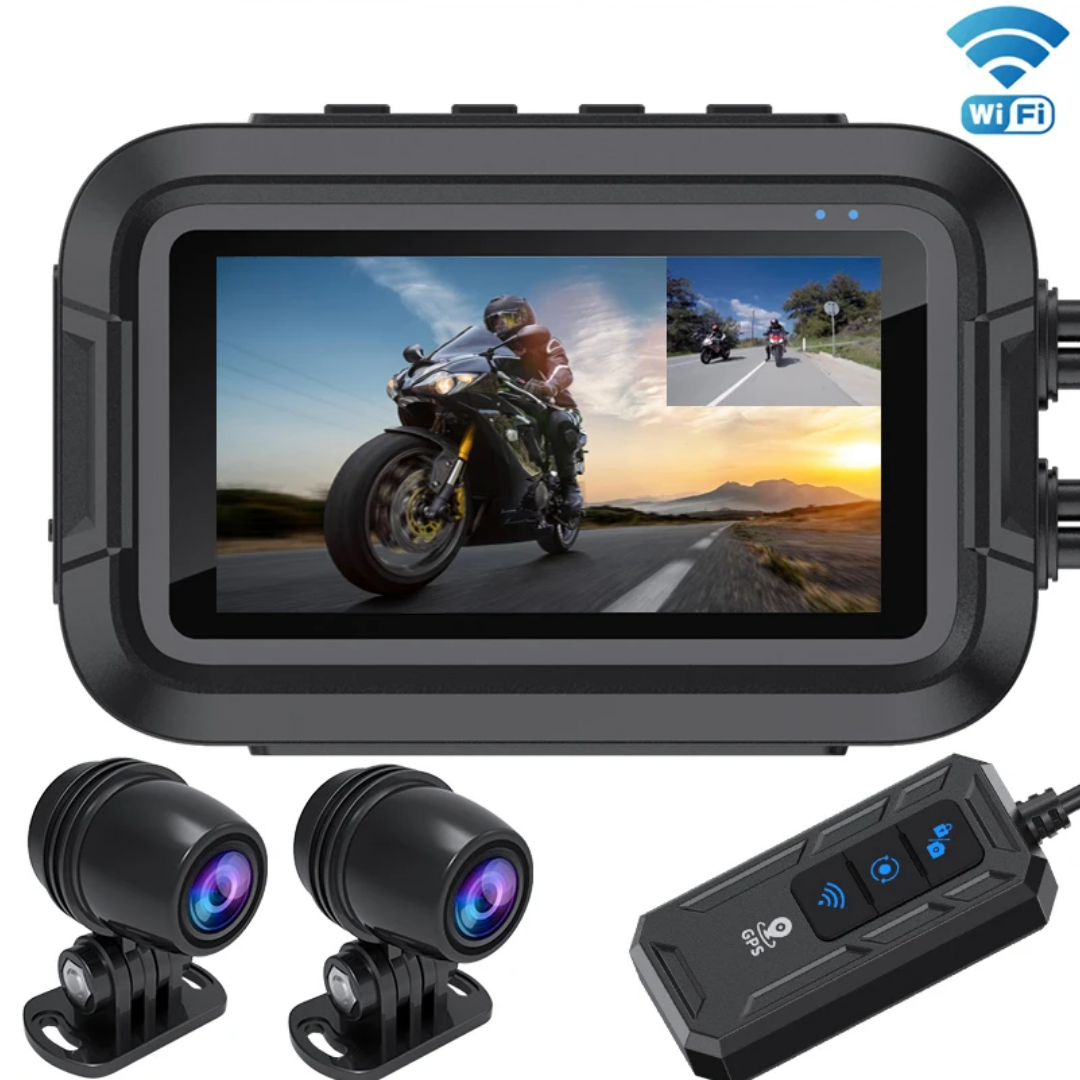 Caméra Moto Double 1080P WiFi GPS – Étanche, Vision Nocturne, Boîte Noire Connectée