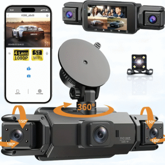Dashcam 360° 4 Canaux WiFi – Vue Totale Avant/Arrière/Intérieur, Stationnement 24h/24
