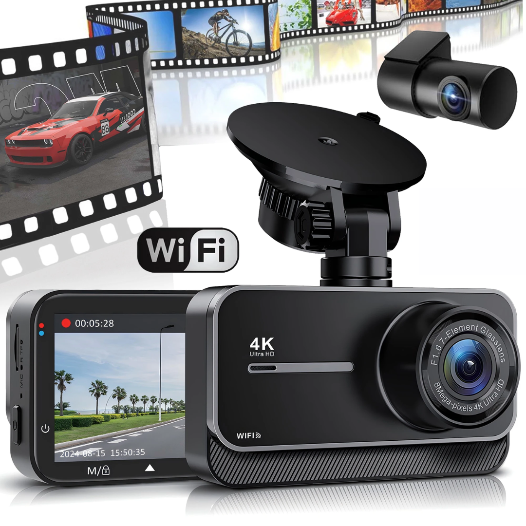 Dashcam 4K WiFi – Double Caméra Avant/Arrière, Mode Parking 24h, Enregistreur Sécurité Routière